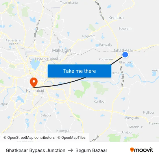 Ghatkesar Bypass Junction to Begum Bazaar map