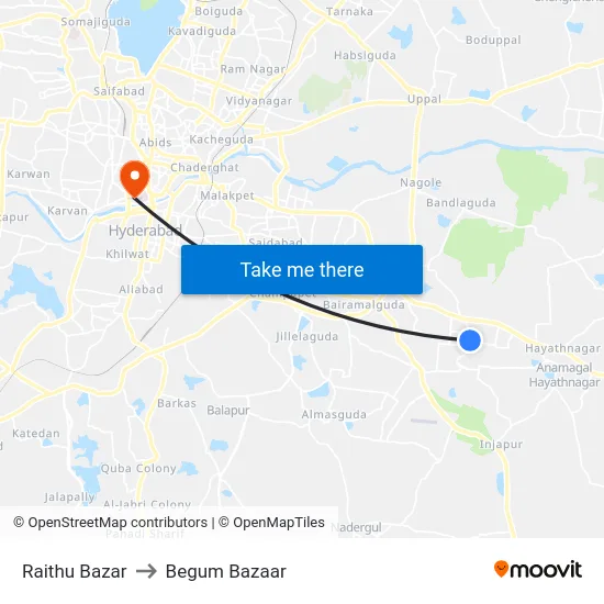 Raithu Bazar to Begum Bazaar map