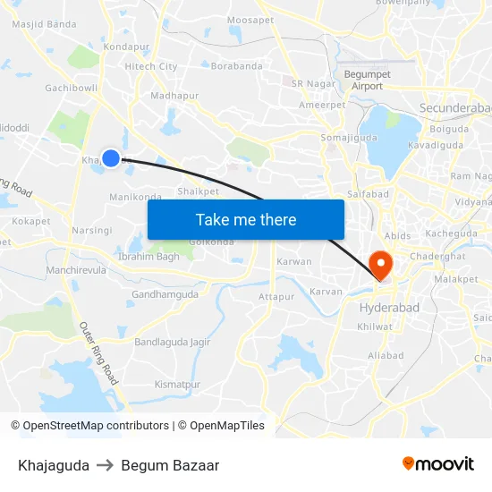 Khajaguda to Begum Bazaar map