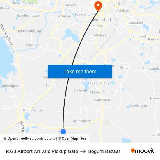 R.G.I.Airport Arrivals Pickup Gate to Begum Bazaar map