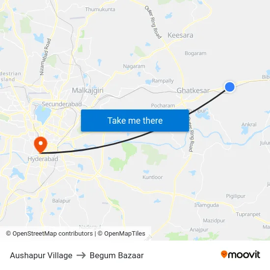 Aushapur Village to Begum Bazaar map