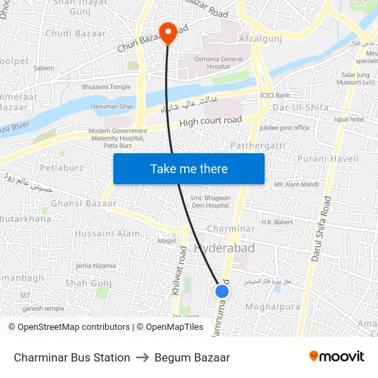 Charminar Bus Station to Begum Bazaar map
