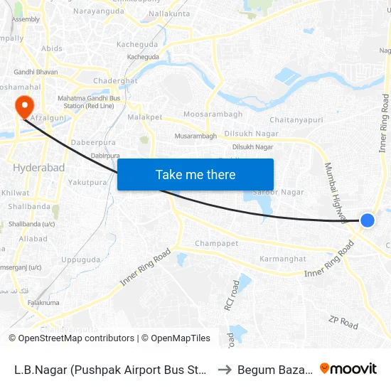 L.B.Nagar (Pushpak Airport Bus Stop) to Begum Bazaar map