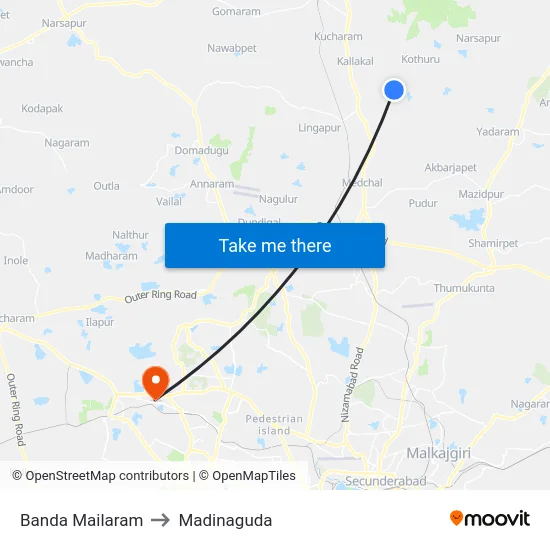 Banda Mailaram to Madinaguda map