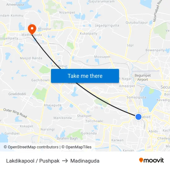 Lakdikapool / Pushpak to Madinaguda map