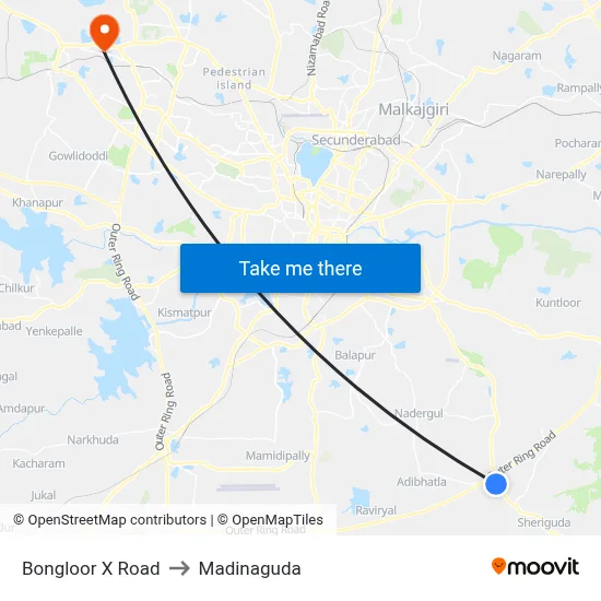 Bongloor X Road to Madinaguda map