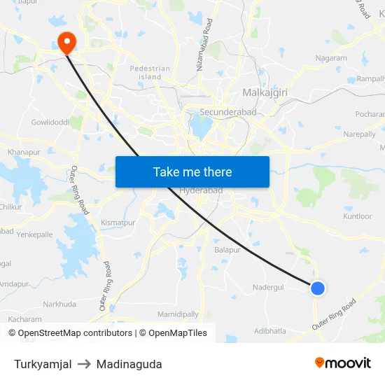 Turkyamjal to Madinaguda map