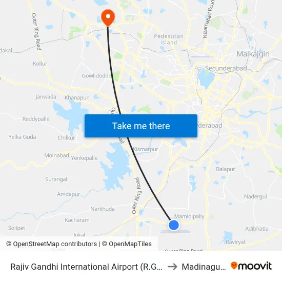 Rajiv Gandhi International Airport (R.G.I.A.) to Madinaguda map
