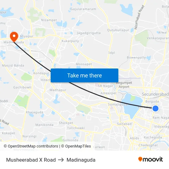 Musheerabad X Road to Madinaguda map