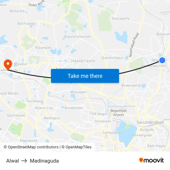 Alwal to Madinaguda map