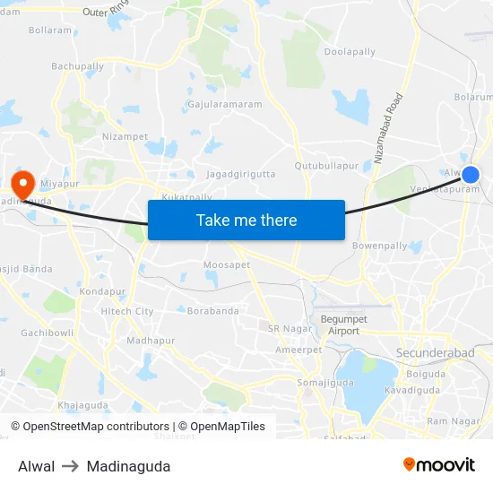 Alwal to Madinaguda map