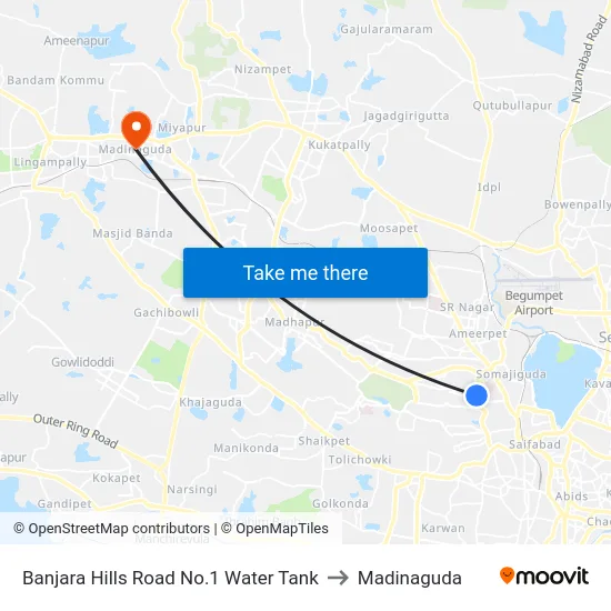 Banjara Hills Road No.1 Water Tank to Madinaguda map