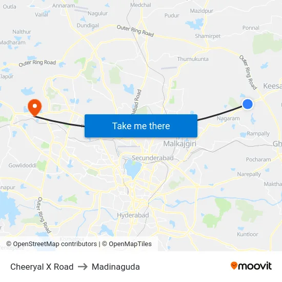 Cheeryal X Road to Madinaguda map