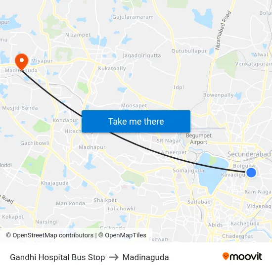 Gandhi Hospital Bus Stop to Madinaguda map