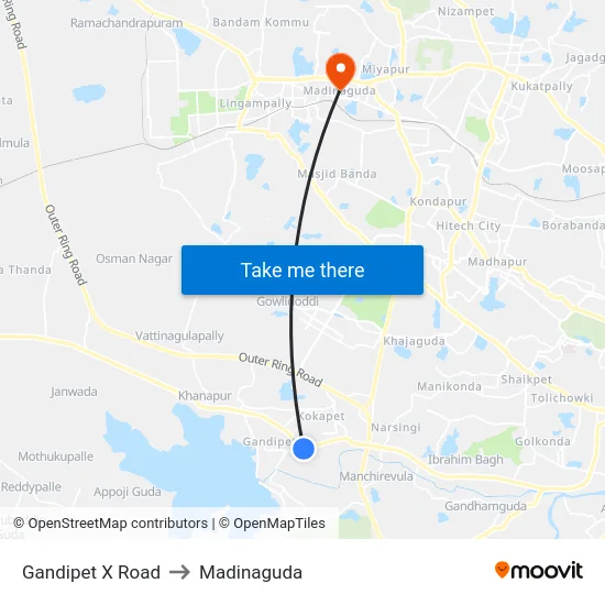 Gandipet X Road to Madinaguda map