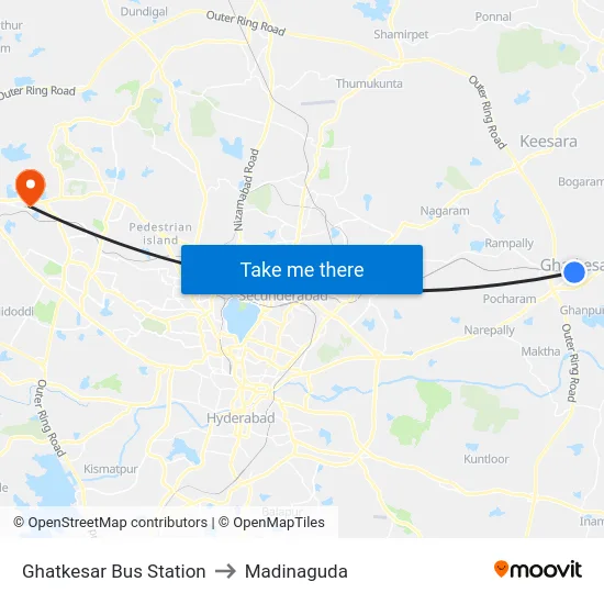 Ghatkesar Bus Station to Madinaguda map