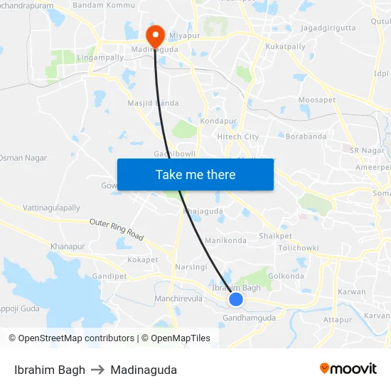 Ibrahim Bagh to Madinaguda map