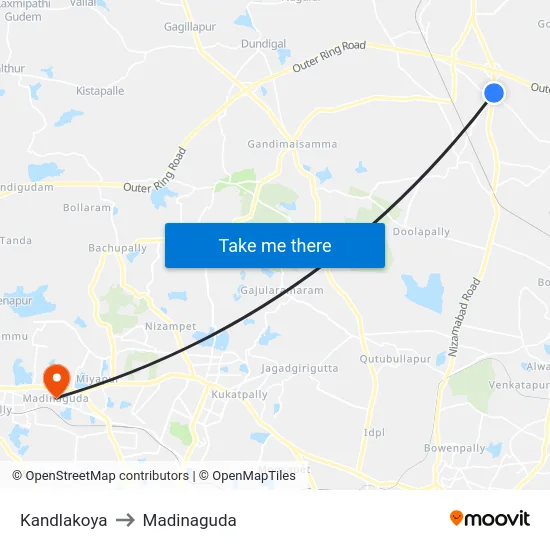 Kandlakoya to Madinaguda map