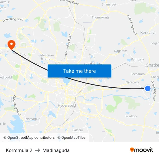Korremula 2 to Madinaguda map