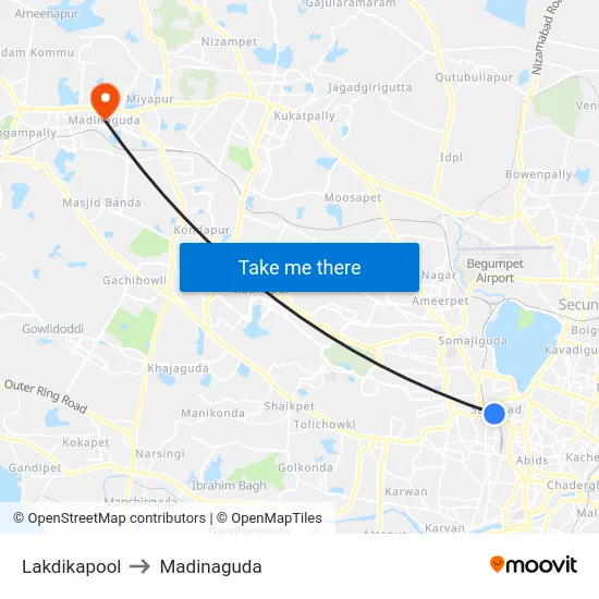 Lakdikapool to Madinaguda map