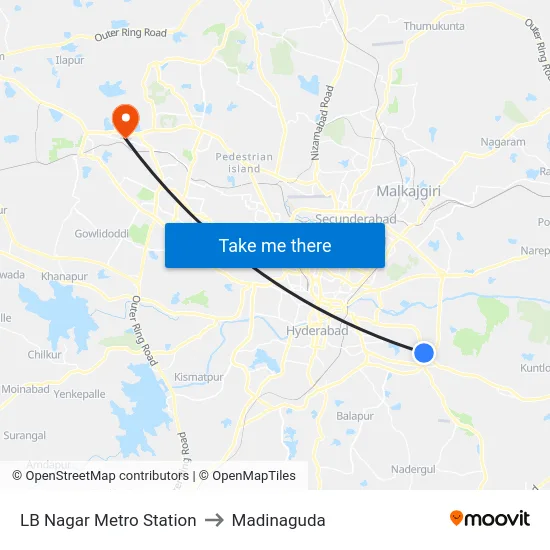 LB Nagar Metro Station to Madinaguda map