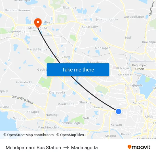 Mehdipatnam Bus Station to Madinaguda map