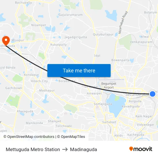 Mettuguda Metro Station to Madinaguda map