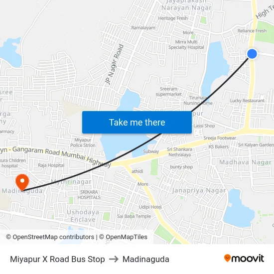 Miyapur X Road Bus Stop to Madinaguda map