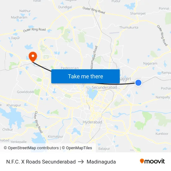 N.F.C. X Roads Secunderabad to Madinaguda map