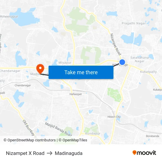 Nizampet X Road to Madinaguda map