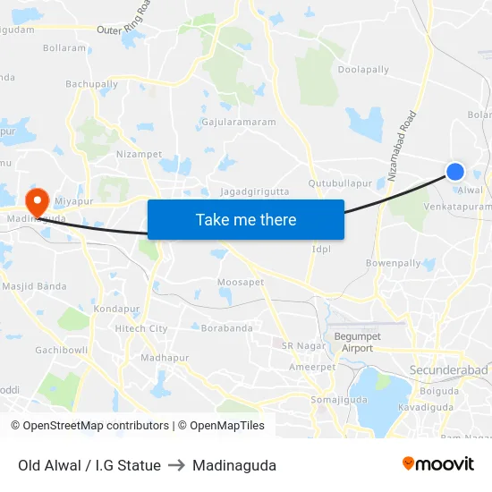 Old Alwal / I.G Statue to Madinaguda map