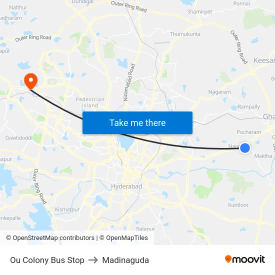 Ou Colony Bus Stop to Madinaguda map