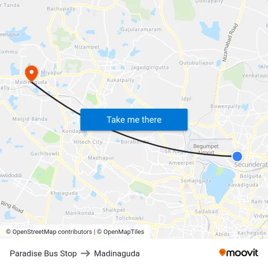 Paradise Bus Stop to Madinaguda map