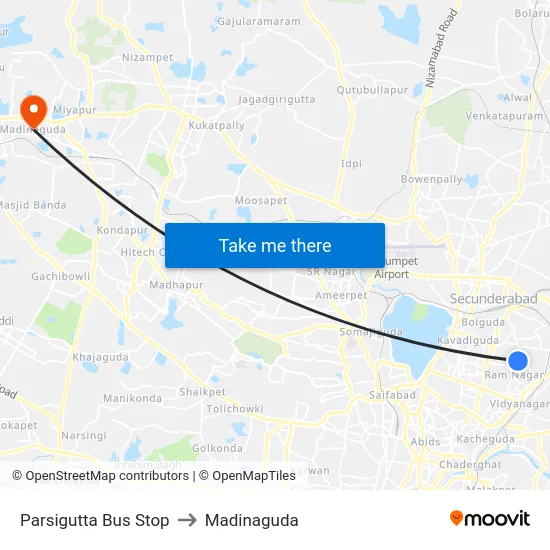Parsigutta Bus Stop to Madinaguda map