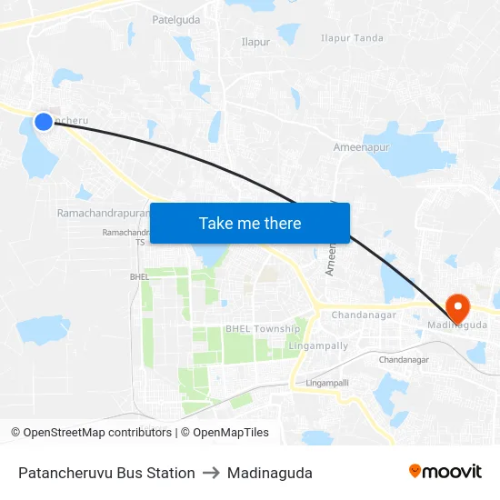 Patancheruvu Bus Station to Madinaguda map