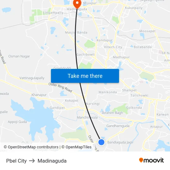 Pbel City to Madinaguda map