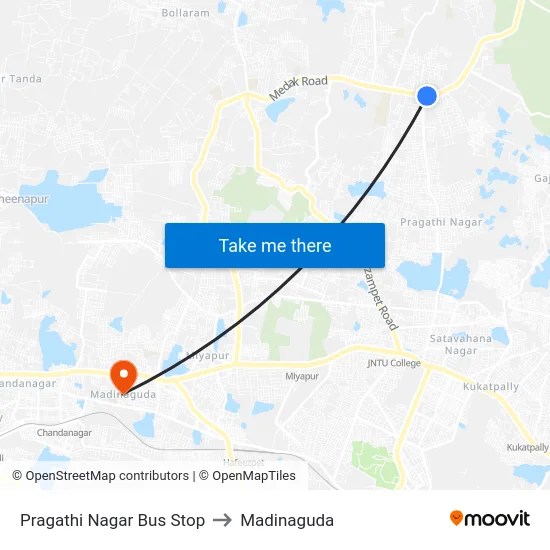 Pragathi Nagar Bus Stop to Madinaguda map