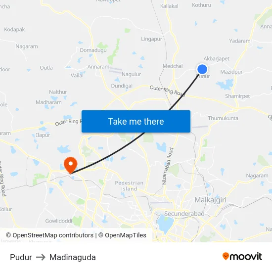 Pudur to Madinaguda map
