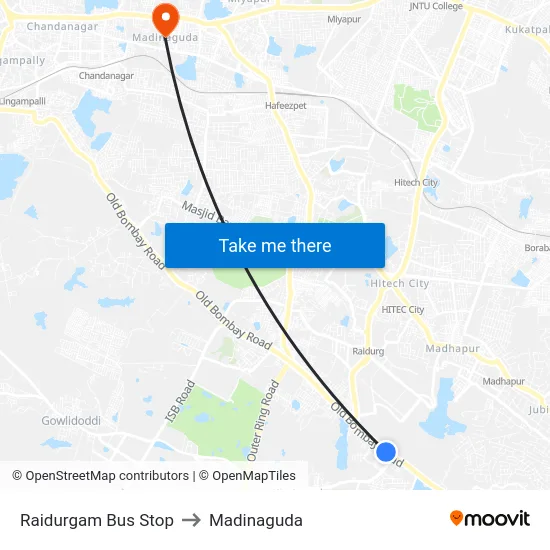 Raidurgam Bus Stop to Madinaguda map