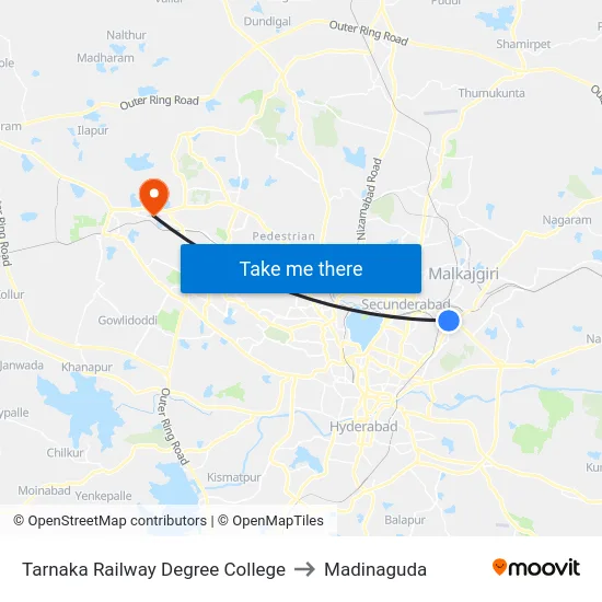 Tarnaka Railway Degree College to Madinaguda map