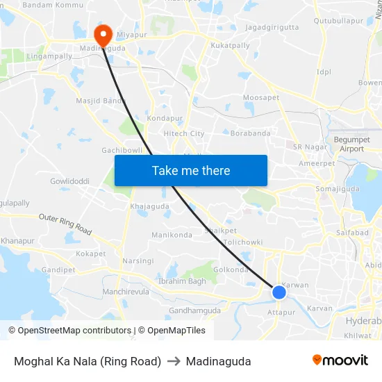 Moghal Ka Nala (Ring Road) to Madinaguda map