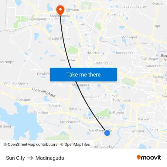 Sun City to Madinaguda map