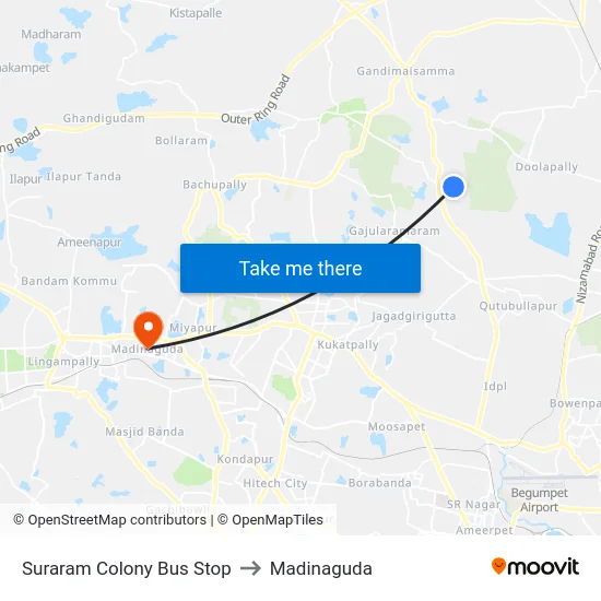 Suraram Colony Bus Stop to Madinaguda map