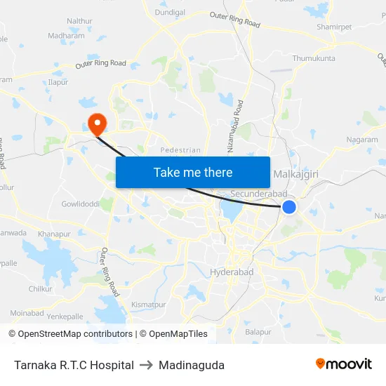 Tarnaka R.T.C Hospital to Madinaguda map
