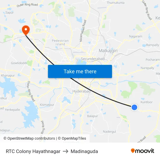 RTC Colony Hayathnagar to Madinaguda map