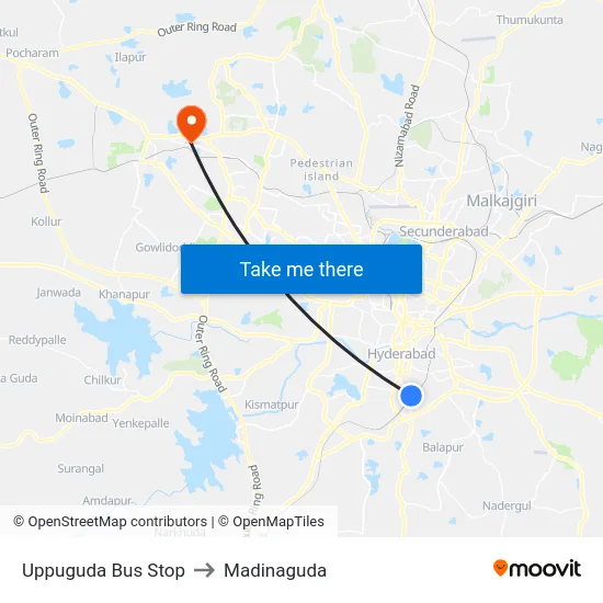 Uppuguda Bus Stop to Madinaguda map
