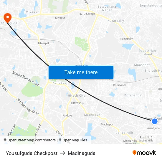 Yousufguda Checkpost to Madinaguda map