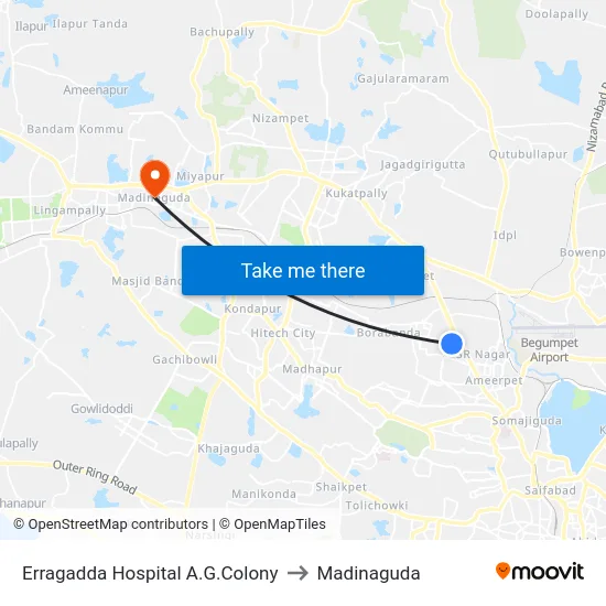 Erragadda Hospital A.G.Colony to Madinaguda map