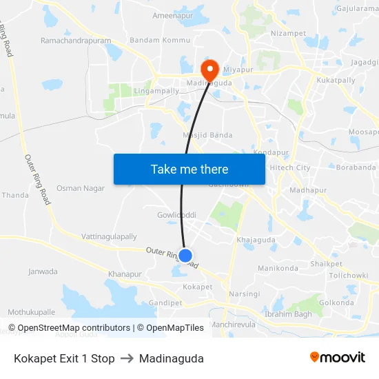 Kokapet Exit 1 Stop to Madinaguda map