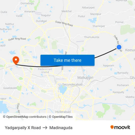 Yadgarpally X Road to Madinaguda map